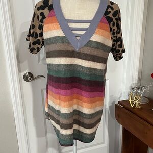 Celeste Multi Stipe and Leopard Caged V-Neck Sweater Soft Top SZ L or 1X